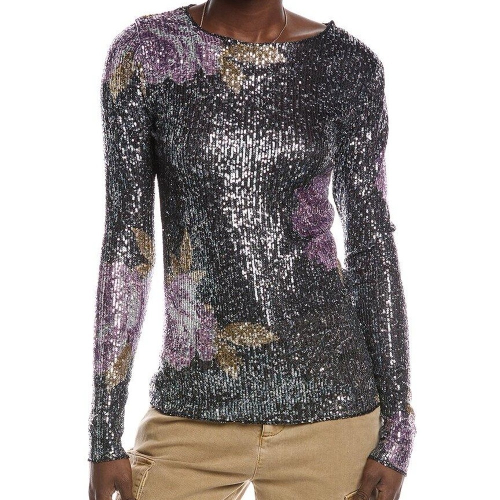 NWT new medium free people Gold Rush Floral Sequin Long Sleeve Top black purple